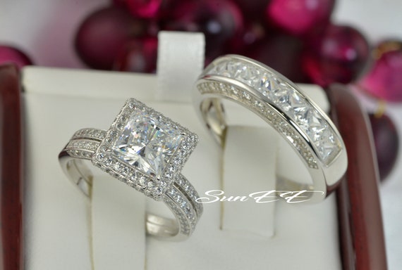 Halo Princess Cut Sterling Silver Wedding Ring Set: Simulated Diamond Bridal Ring