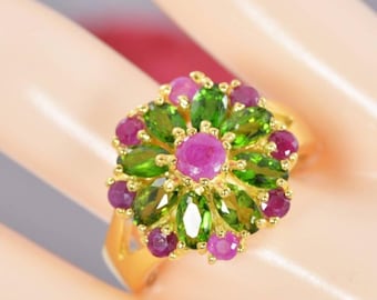 Natural Chrome Diopside and Natural Ruby Real 925 Sterling Silver sz 7