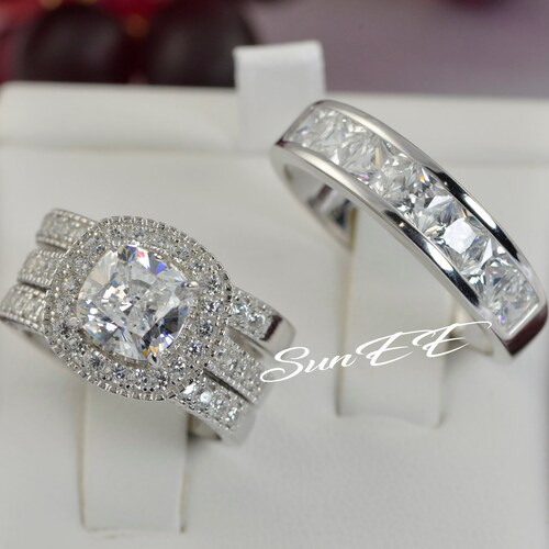 His Hers Halo Cushion Cut Bridal Wedding Engagement Ring | Etsy
