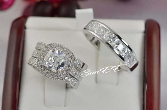 Halo Cushion Cut Sterling Silver Bridal Ring Set: Simulated