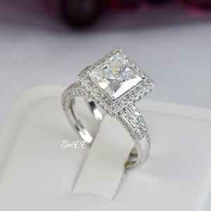 Halo Princess Cut Bridal Wedding Engagement Ring Diamond Simulated 925 Sterling Silver Anniversary Ring and a Wedding Band