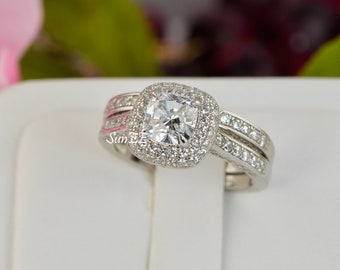 2.09ct Double Halo Cushion Cut with Heart Bridal Wedding Engagement Ring Diamond Simulated 925 Sterling Silver Anniversary Rings