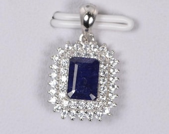 Colgante de plata de ley 925 con zafiro azul natural de doble halo de 1,5 ct