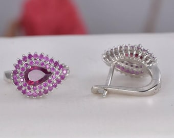 Pendientes de aro con doble halo de rubí natural en plata de ley 925