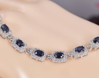 Pulsera de tenis con zafiro azul natural tipo halo, plata de ley 925 auténtica, 7"