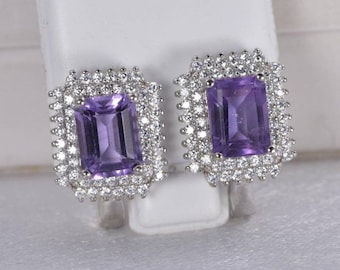 Pendientes de aro de amatista natural con doble halo, plata de ley 925