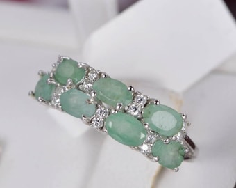 Anillo de plata de ley 925 auténtica con esmeralda natural, talla 7.