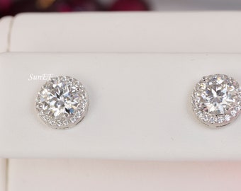 Moissanite Halo Brilliant Cut Stud Earrings 2ct D Color VVS1 Clarity Moissanite Stud, 925 Sterling Silver, Earrings SKU:00308