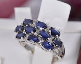 Anillo de zafiro azul natural de plata de ley, talla 7