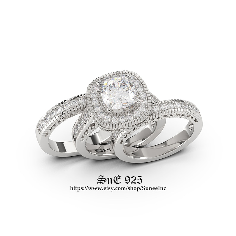 4.35ct Halo Cushion Cut Bridal Wedding Ring Set Engagement Ring Diamond Simulated 925 Sterling Silver Anniversary Ring image 4