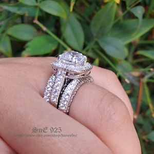 Halo Cushion Cut Sterling Silver Bridal Ring Set: 4.35ct Simulated Diamond