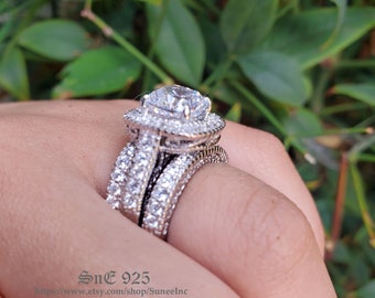 Halo Cushion Cut Sterling Silver Bridal Ring Set: 4.35ct Simulated Diamond