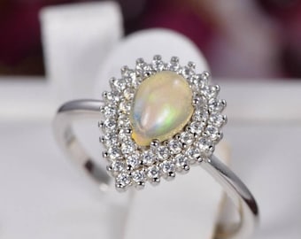Anillo de plata de ley con doble halo de ópalo etíope natural en forma de pera, talla 7.