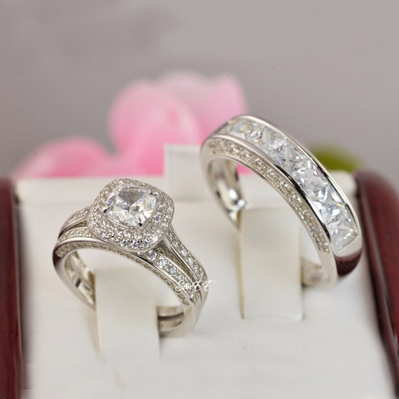 Cushion Cut Sterling Silver Double Halo Wedding Ring Set