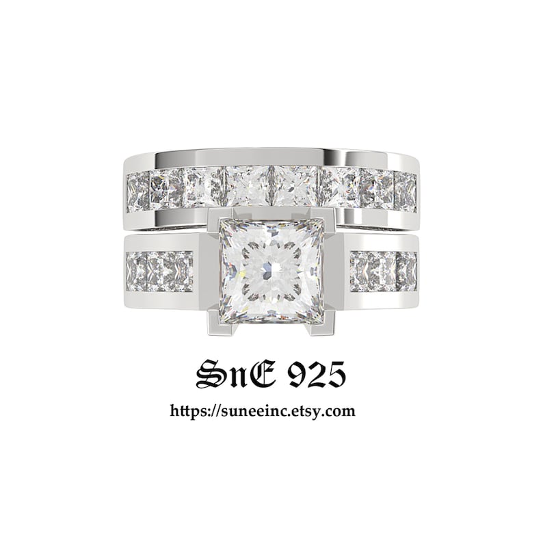 4.35ct Princess Cut Engagement Ring Wedding Ring Set Woman Diamond Simulated 925 Sterling Silver Women Bridal Ring Set image 6