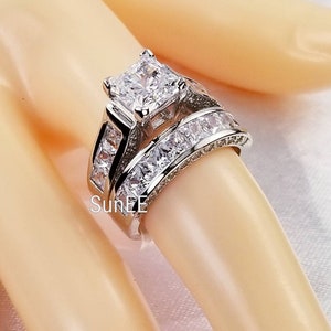 4.35ct Princess Cut Engagement Ring Wedding Ring Set Woman Diamond Simulated 925 Sterling Silver Women Bridal Ring Set image 9