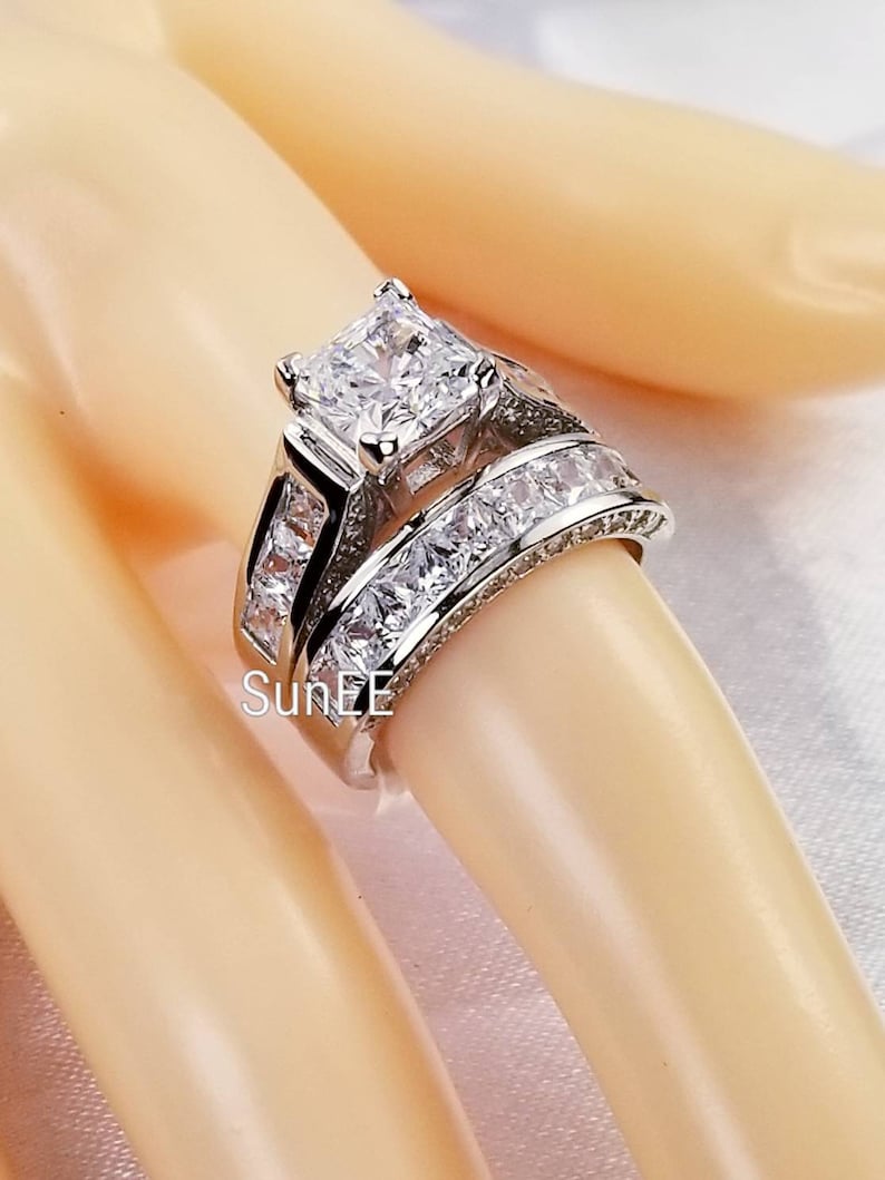 4.35ct Princess Cut Engagement Ring Wedding Ring Set Woman Diamond Simulated 925 Sterling Silver Women Bridal Ring Set image 9