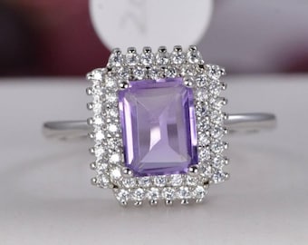 Anillo de plata de ley con amatista natural de talla radiante tipo halo, talla 7