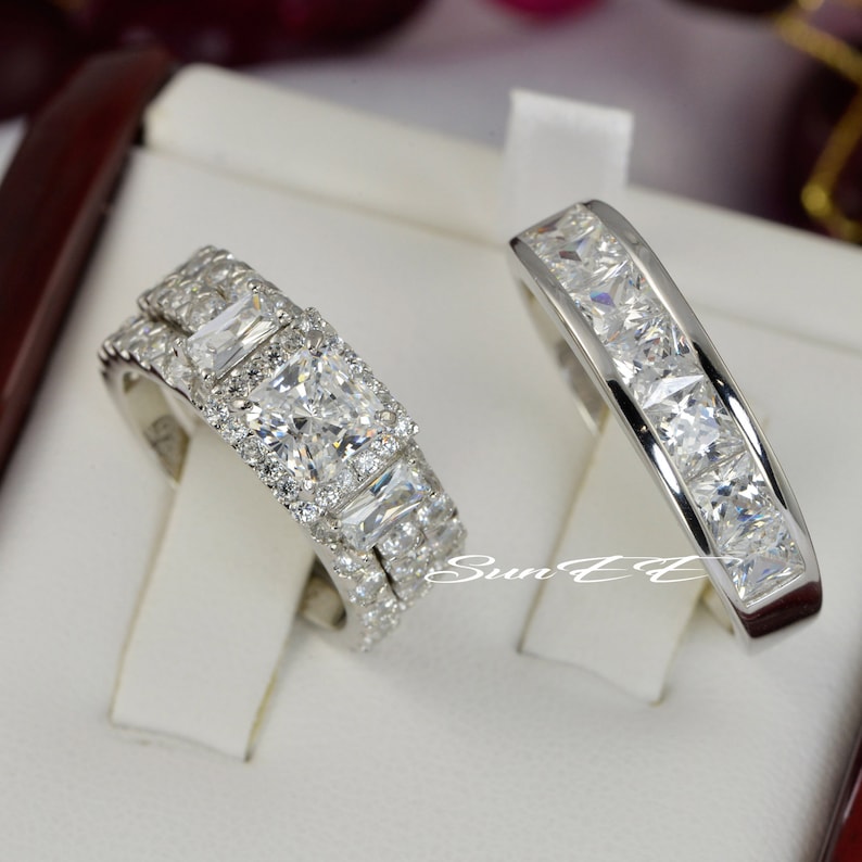 His Hers Halo Princess Cut With Baguette Wedding Set - Etsy