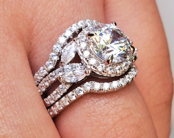 3.20ct Halo Round Cut Wedding Ring Set Engagement Ring Diamond Simulated 925 Sterling Silver Bridal Ring Set