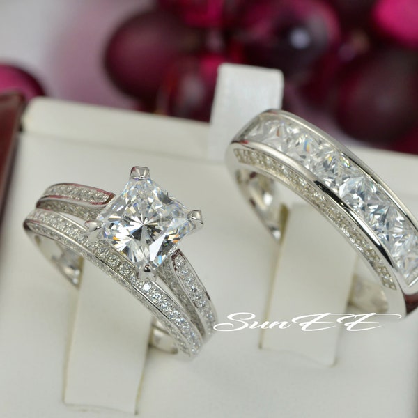 His Hers Princess Cut Wedding Ring Set Engagement Ring Diamond Simulated 925 Sterling Silver Bridal Set