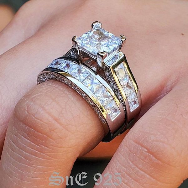 4,35 carats taille princesse bague de fiançailles bague de mariage femme diamant simulé en argent sterling 925 femmes bague de mariée ensemble