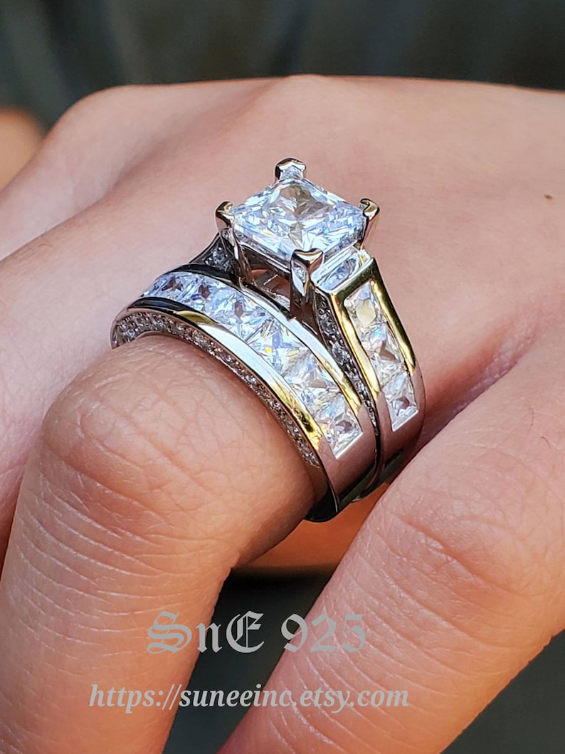 4.35ct Princess Cut Engagement Ring Wedding Ring Set Woman Diamond Simulated 925 Sterling Silver Women Bridal Ring Set image 1