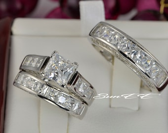 Conjunto de anillos de compromiso de plata de ley con corte princesa: