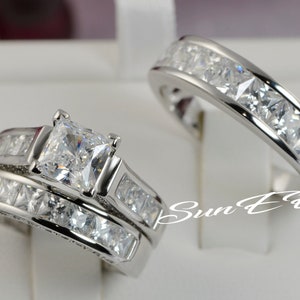 Couple Princess Cut Wedding Ring Set Engagement Ring Diamond Simulated 925 Sterling Silver Bridal Ring SKU:00142