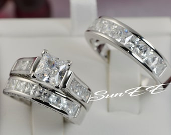 Couple Princess Cut Wedding Ring Set Engagement Ring Diamond Simulated 925 Sterling Silver Bridal Ring SKU:00142