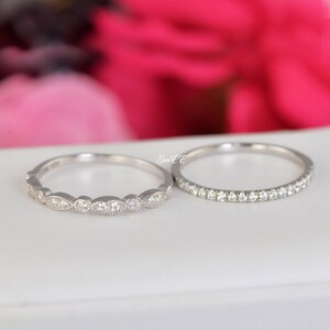 Art Deco Sterling Silver Wedding Band Set: Simulated Diamond Promise Rings