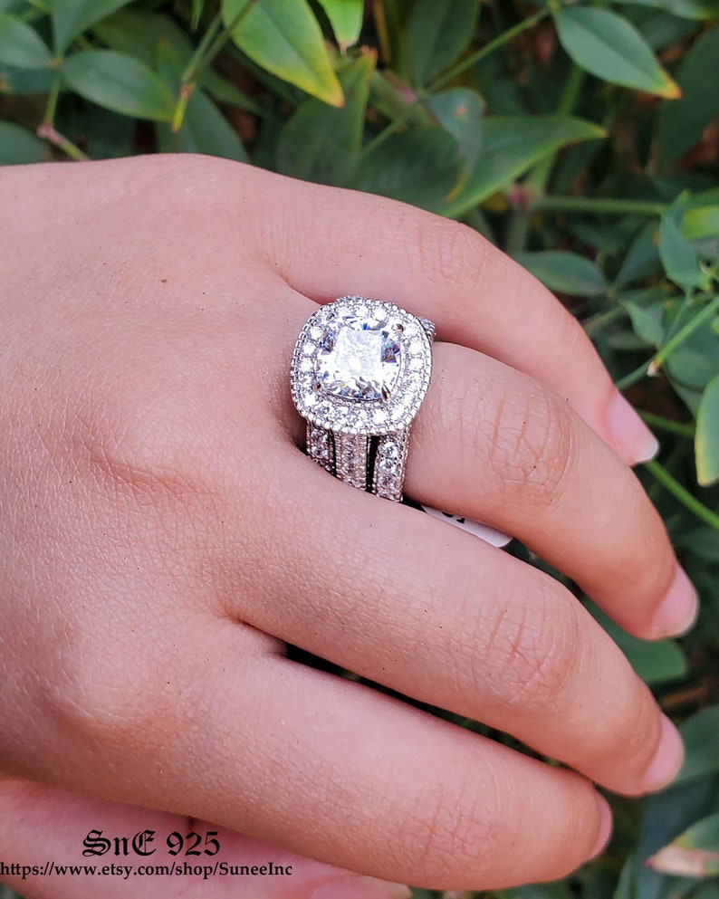 4.35ct Halo Cushion Cut Bridal Wedding Ring Set Engagement Ring Diamond Simulated 925 Sterling Silver Anniversary Ring image 3
