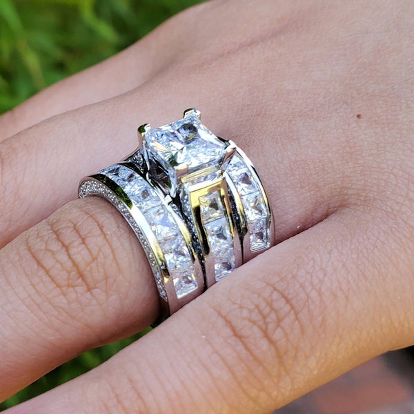 Ensemble de bagues de mariée en argent sterling de taille princesse : bague d'anniversaire avec diamants simulés de 6,01 carats