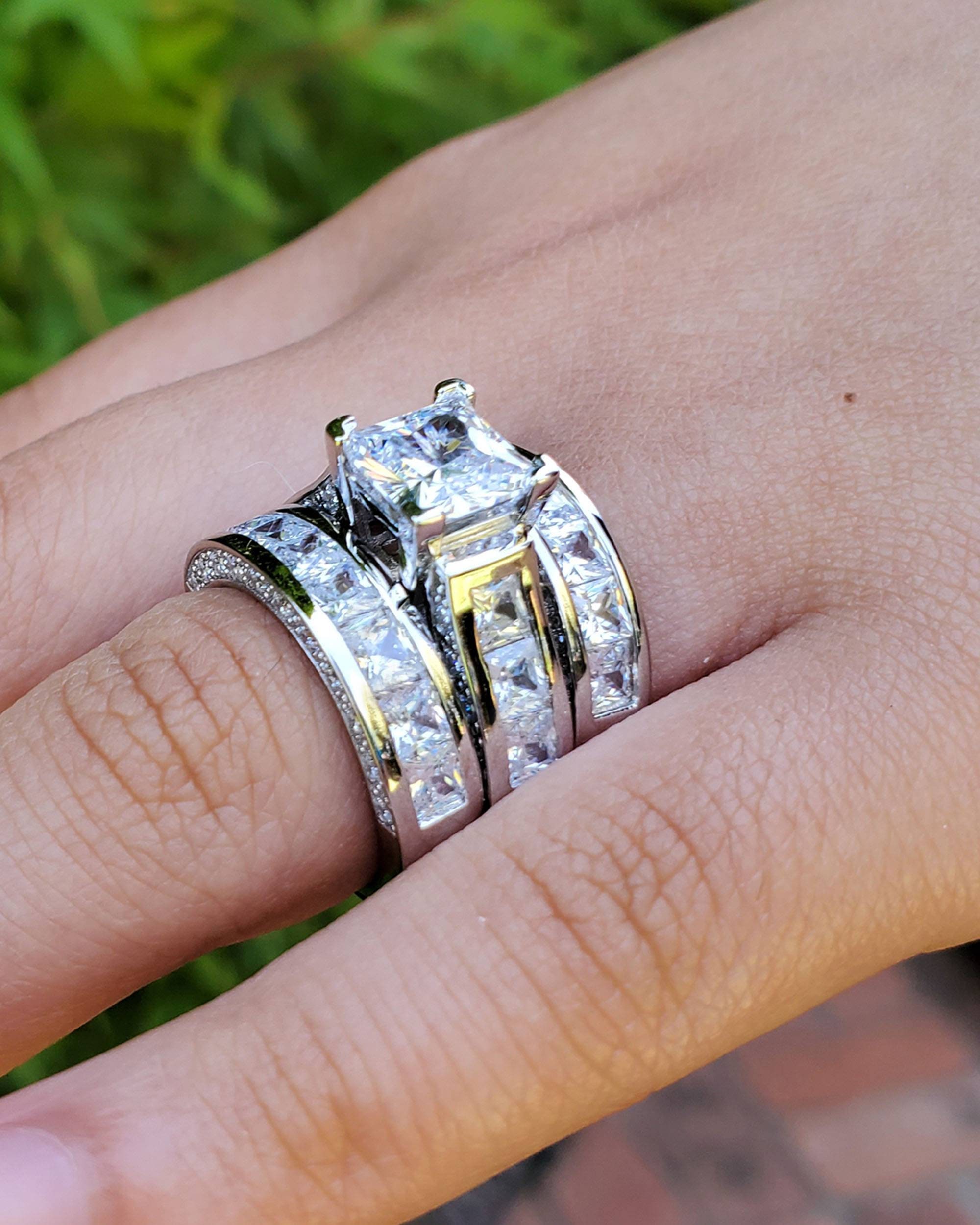 Princess Cut Sterling Silver Bridal Ring Set: 6.01ct Simulated Diamond Anniversary Ring