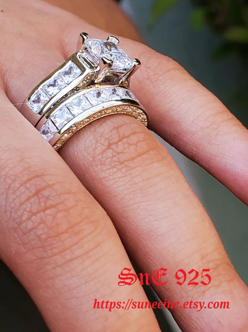 4.35ct Princess Cut Engagement Ring Wedding Ring Set Woman Diamond Simulated 925 Sterling Silver Women Bridal Ring Set image 5