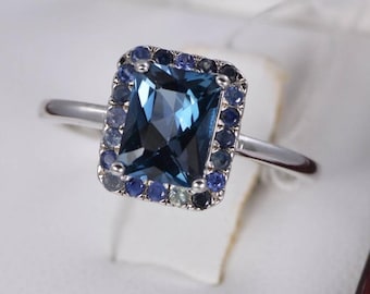 Anillo de plata de ley con zafiro halo natural y topacio azul de Londres natural, talla 7