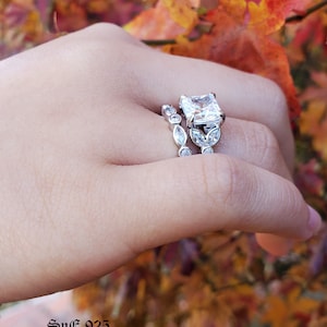 Art Deco Princess Cut Sterling Silver Engagement Ring Set