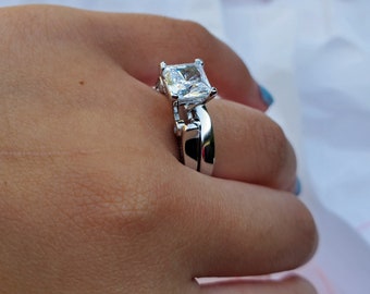 2.7ct Princess Cut 2 pcs Engagement Ring Set Bridal Ring Diamond Simulated 925 Sterling Silver Wedding Ring Set SKU:00168