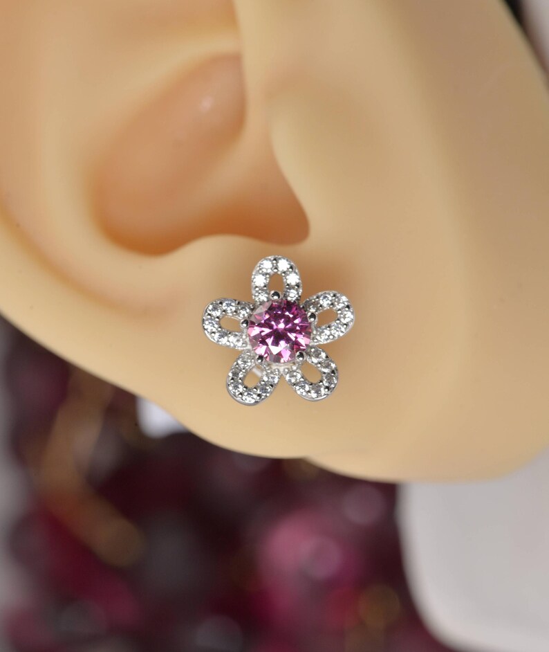 Elegant 1ct Flower Pink Moissanite Earrings 925 Sterling image 4