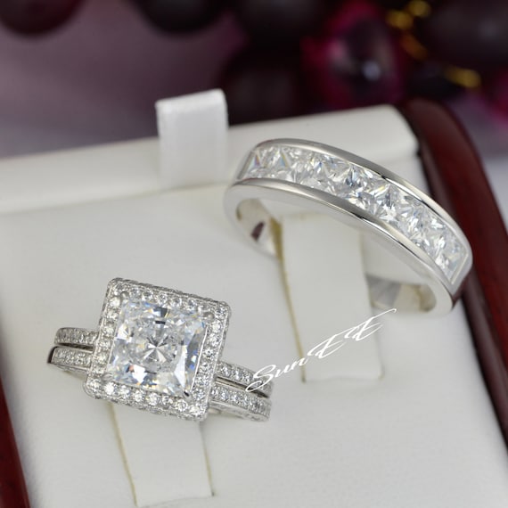 His Hers Halo Princess Cut Bridal Wedding Engagement Ring | Etsy