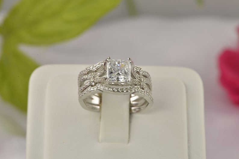 3.67ct Princess Cut 3pcs Wedding Set Engagement Ring Wedding Band Diamond Simulated 925 Sterling Silver Women/'s Bridal Set Eternity Ring