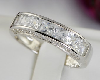 Men’s Wedding Band with Side Stones Diamond Simulated 925 Sterling Silver Anniversary Ring