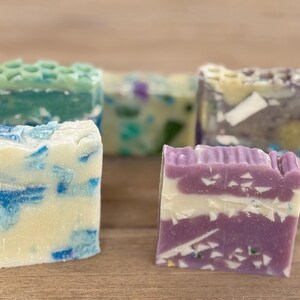 Handmade luxury vegan soap with mica colored embeds