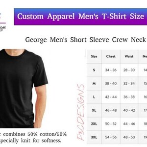 May include: A size chart for a short-sleeved crew neck t-shirt. The chart shows measurements for chest, waist, neck, and sleeve in inches. The sizes listed are S, M, L, XL, 2XL, and 3XL.