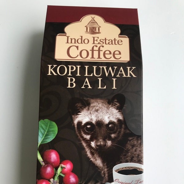 Café LUWAK 100 % pur de Bali Indonésie - Marque Indo Estate Coffee Indonesia - Boîte en carton scellé d'origine - Grains de café - véritable 100 g