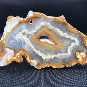 May include: A slice of agate with brown, white, and clear banding. The agate has a hole in the center and a rough, natural edge.