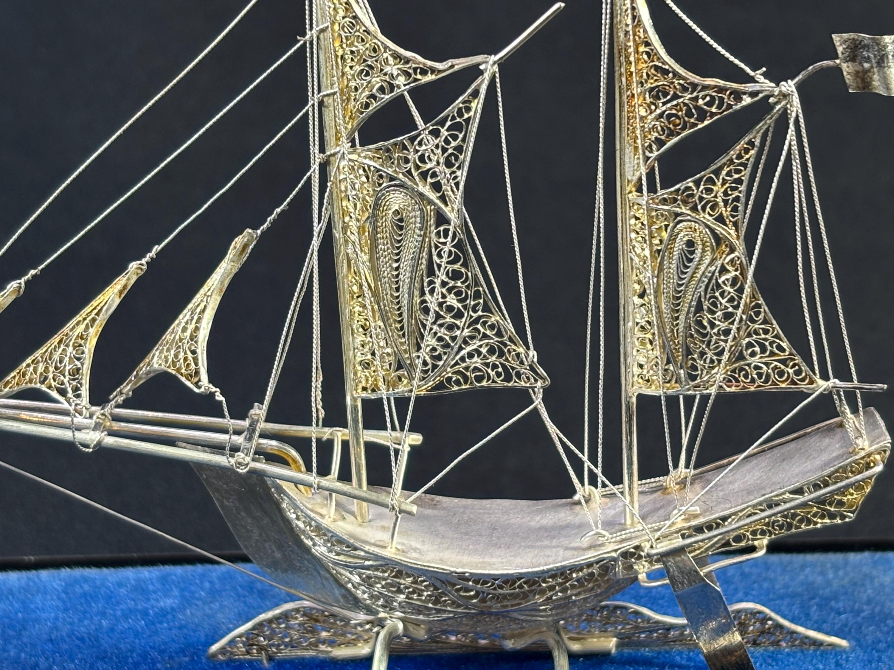 Spun Silver Wire Ship Sculpture: Vintage Indonesian Filigree Model