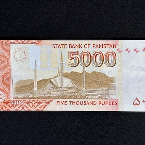 Nowy banknot PAKISTAN 5000 rupii - UNC - w obiegu, ale nieużywany - wysłany bezpośrednio z Islamabadu - Pakistan - banknot kolekcjonerski