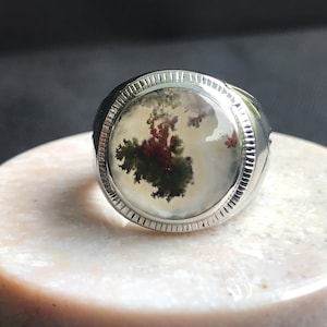 Könnte beinhalten: Ein silberner Ring mit einem runden, klaren Stein, der in der Mitte eingesetzt ist. Der Stein hat ein einzigartiges Muster aus Grün, Rot und Weiß.