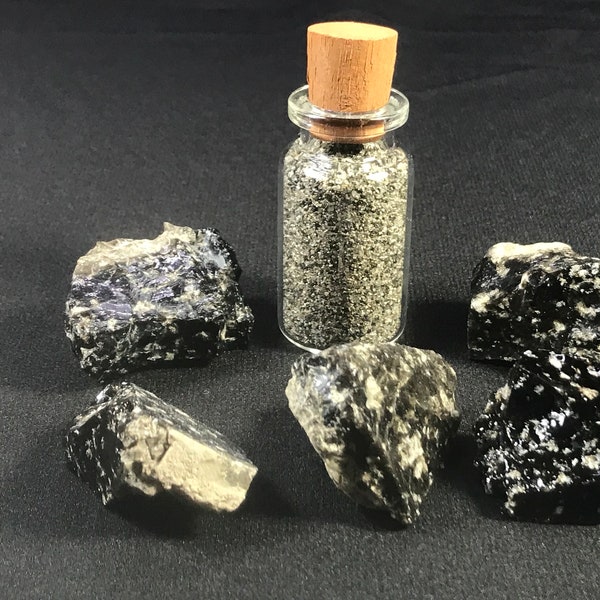 KRAKATAU VOLCANIC OBSIDIAN rock and sand set – Obsidian from 1883 Krakatau eruption – black sand from Krakatau – natural different weight